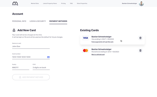Mooving account screen showing payment method setup and existing cards