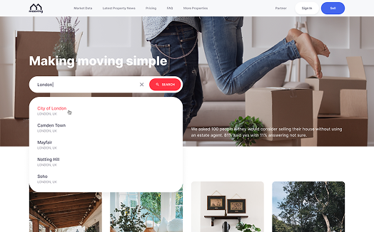 Mooving homepage with location search and suggested areas