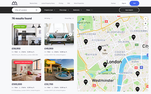 Desktop search results with property cards beside a London map