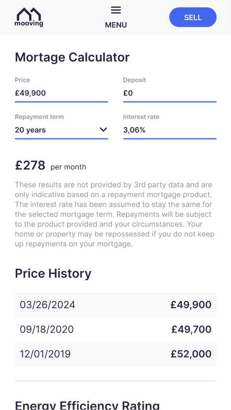 Mobile property listing showing mortgage calculator and price history