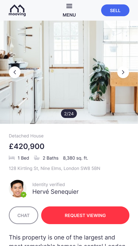 Mobile property listing with photos, price, verified seller and request viewing button