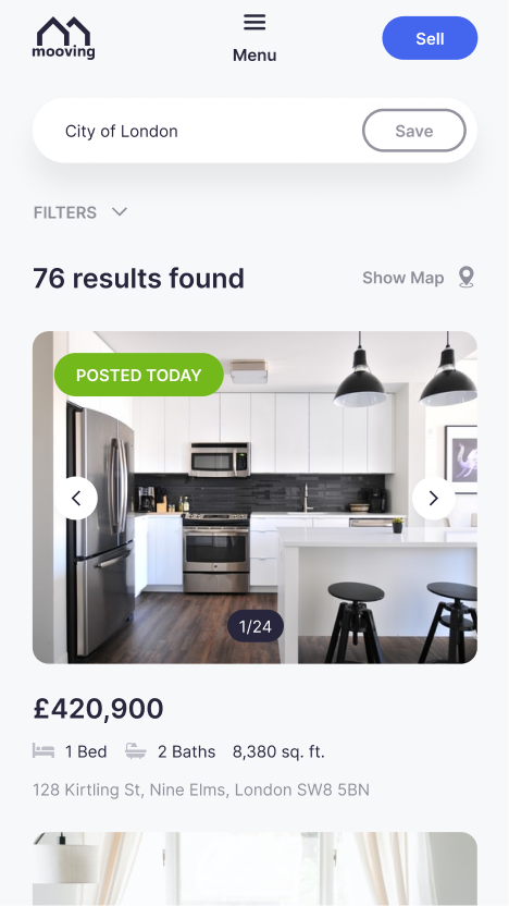 Mobile search results with filters, result count and property cards
