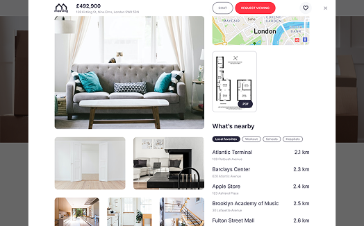 Property detail overlay with photos, map, floor plan, nearby places and viewing action