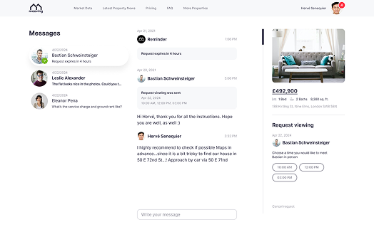 Desktop messages view showing conversation and property viewing request