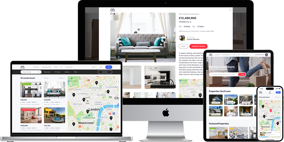 Mooving property marketplace shown across desktop, laptop, tablet and phone screens