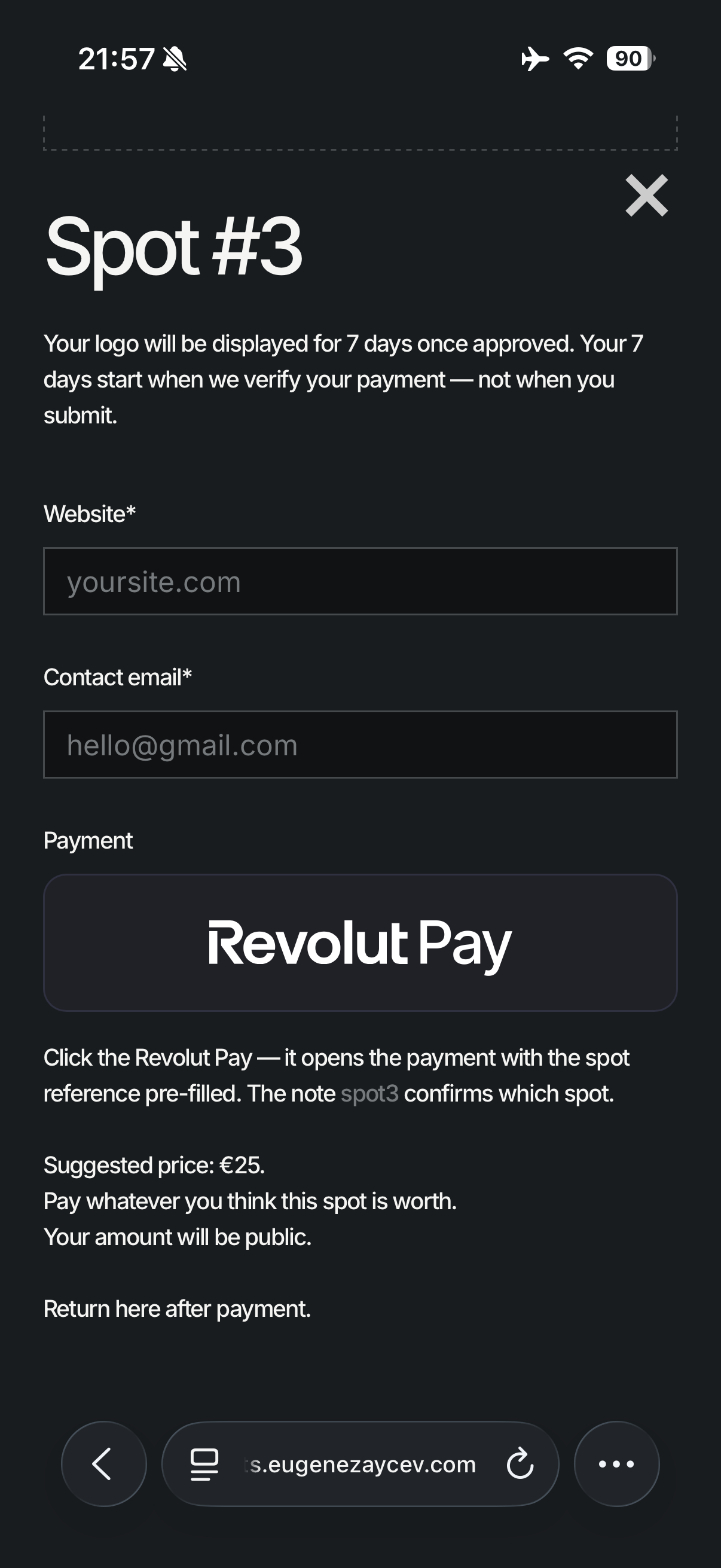 Mobile claim form for Spot 3 with duration, website and email fields, and a Revolut Pay button