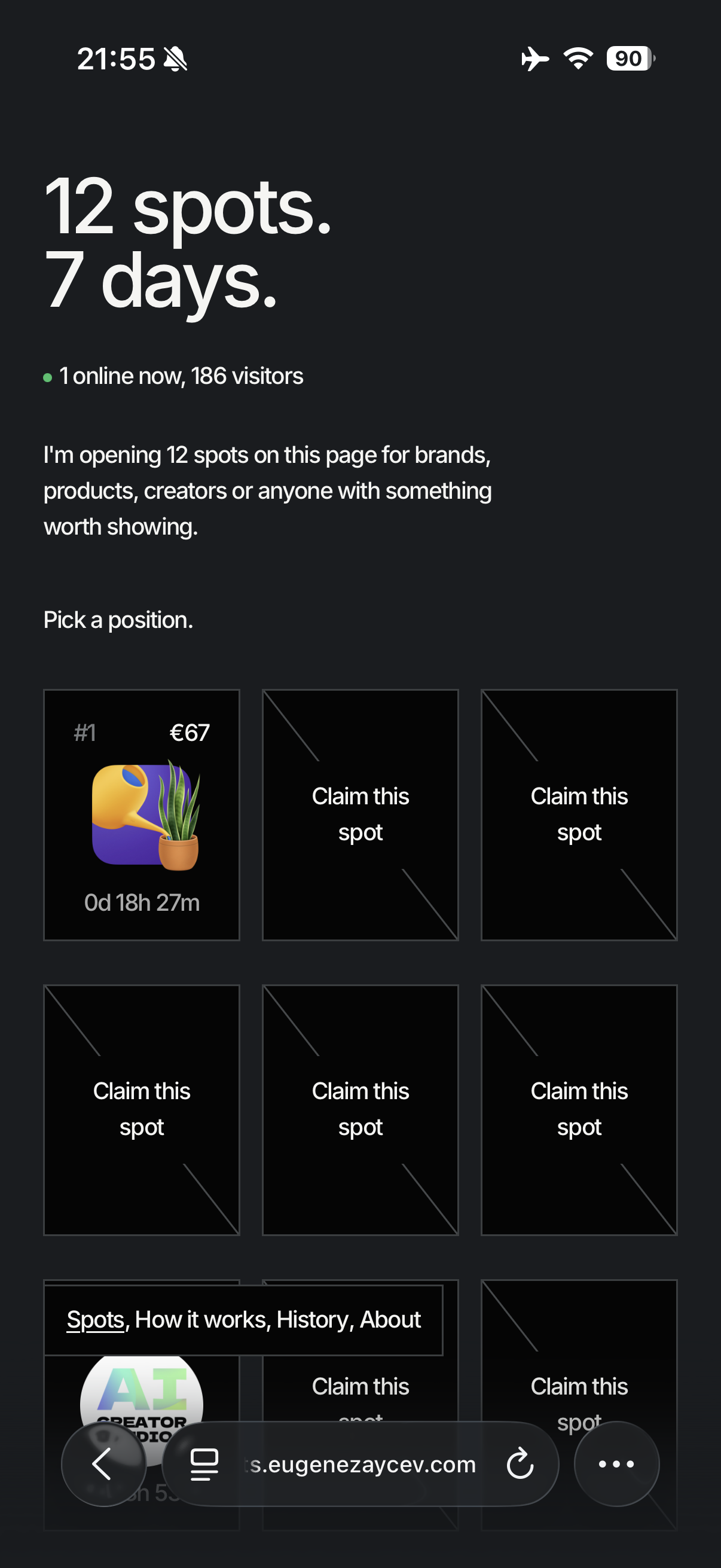 Spots mobile page with a claimed position in a three-column grid