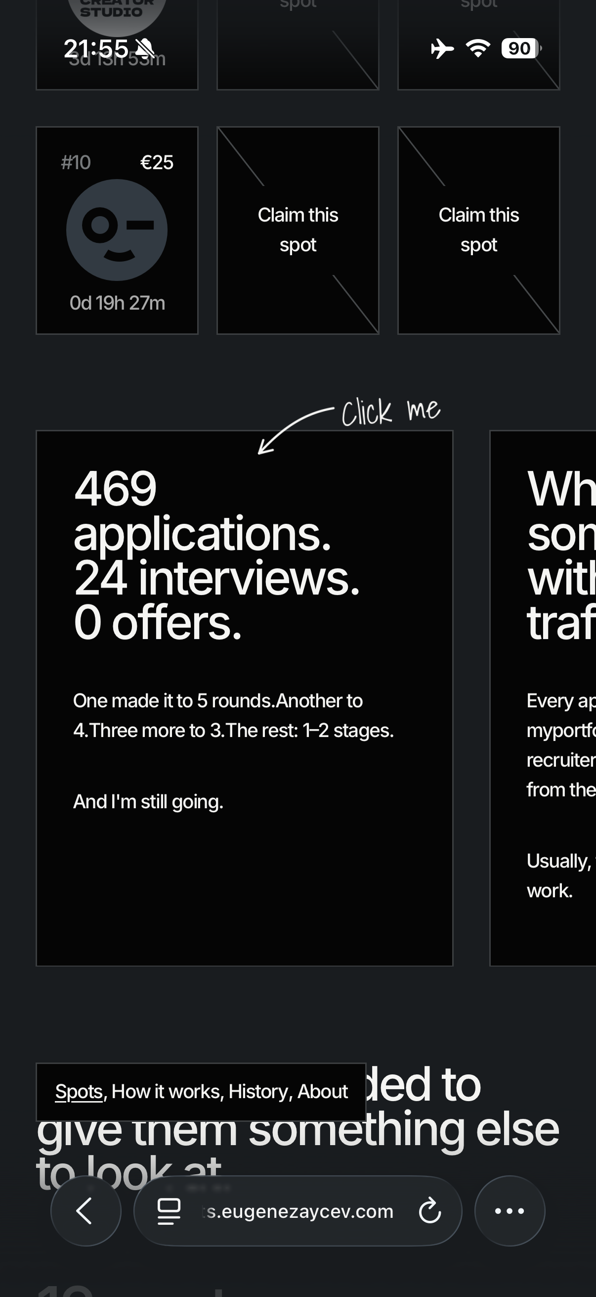 Spots mobile page showing application and interview numbers in story blocks below the grid