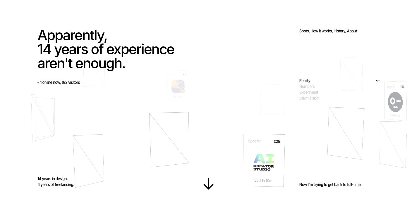 Light-mode Spots homepage showing floating cards around a statement about fourteen years of experience