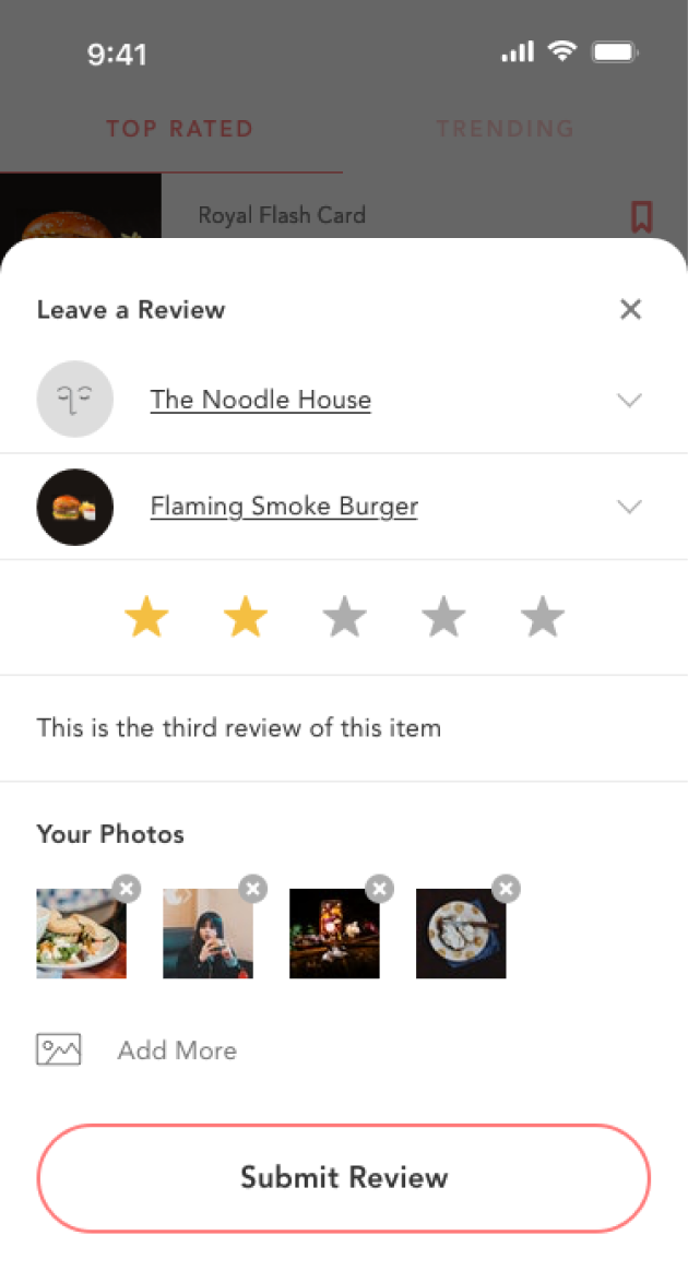 Completed review form showing tags, a star rating, photos, and submit button