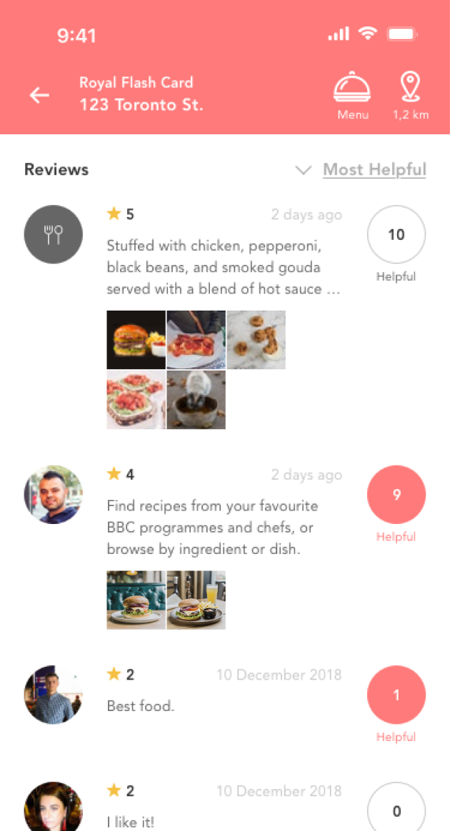 List of diner reviews with ratings, photos, and helpful counts