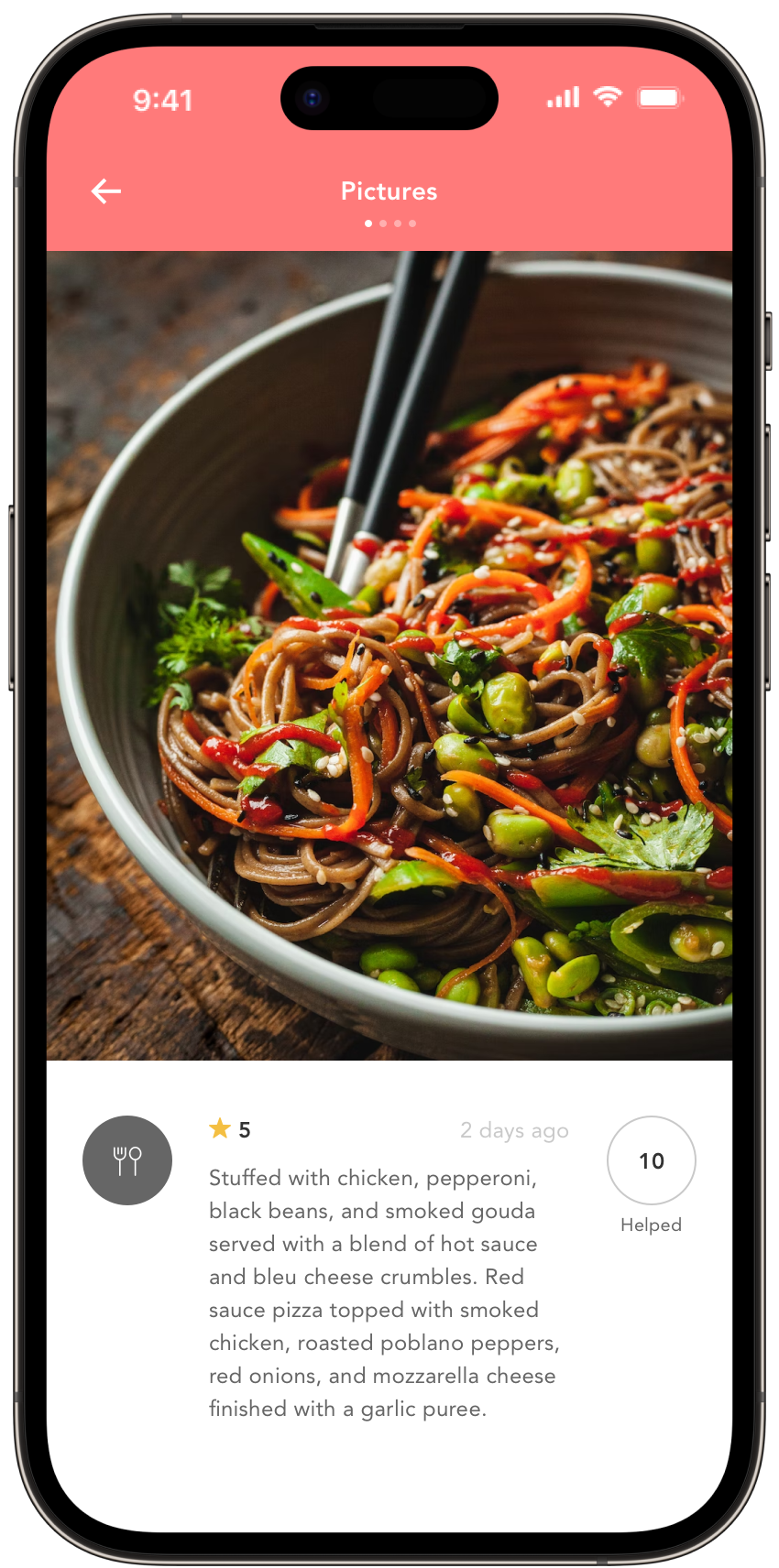 Food photograph in the Taste app with a review displayed beneath it