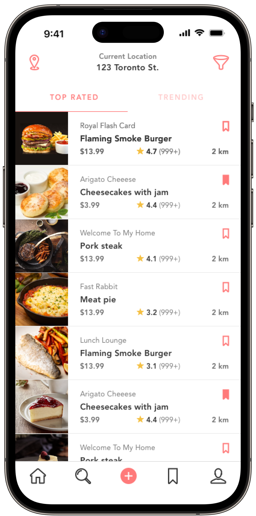 Taste list of nearby top rated dishes with ratings, distance, and save controls
