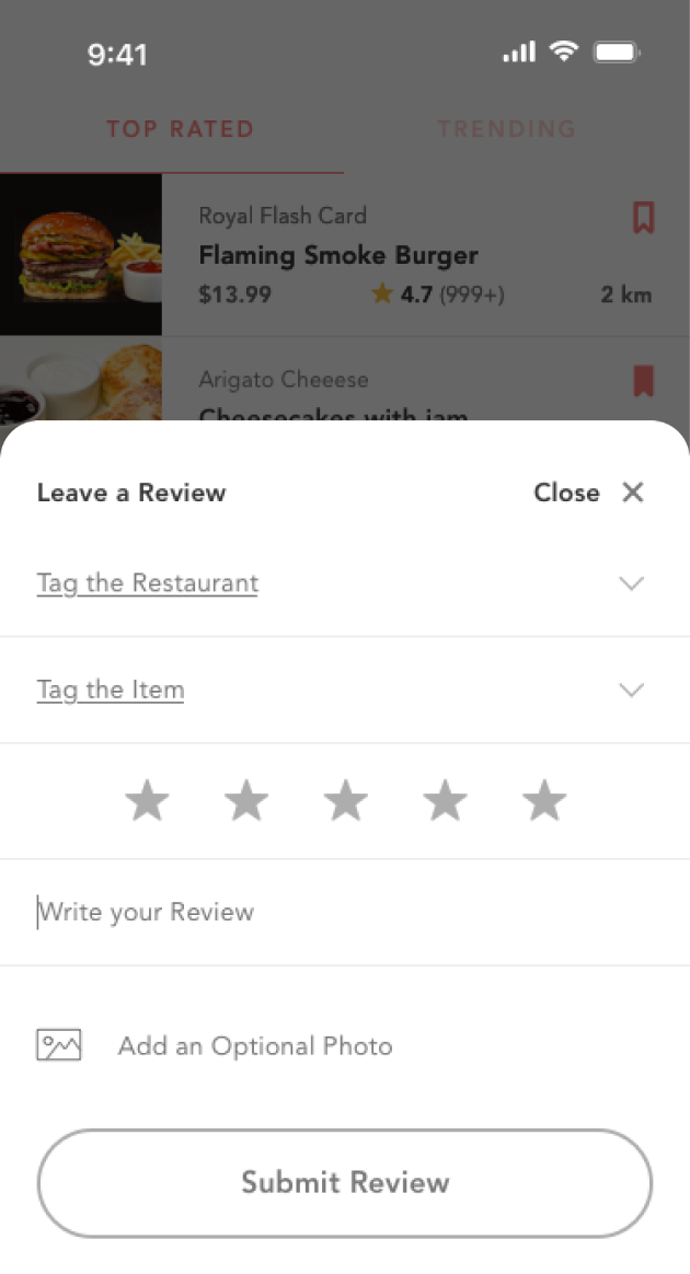 Taste review form with restaurant and item tags, rating, text, and photo fields