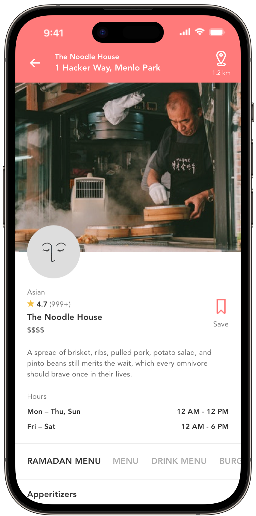Restaurant detail screen with a photo, rating, hours, menu tabs, and save control