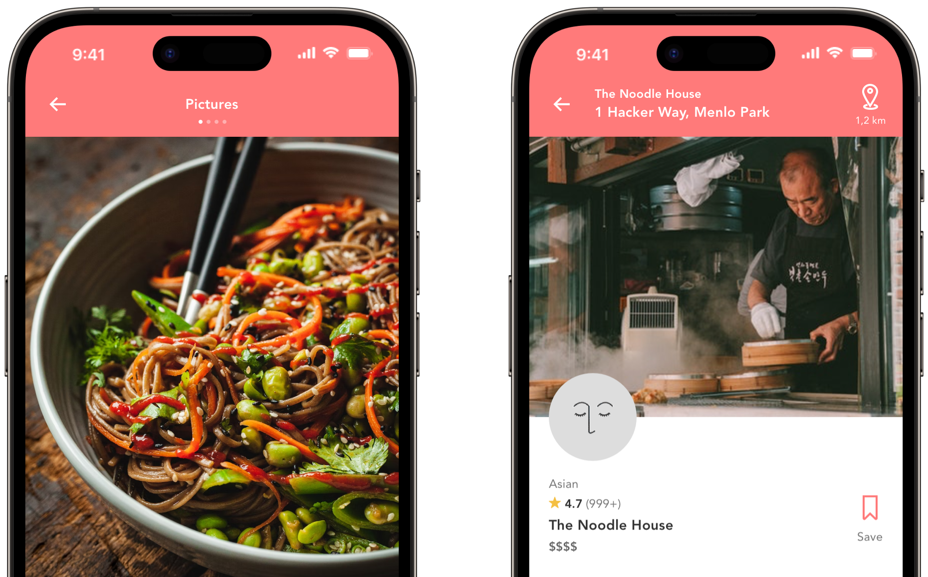 Two Taste app screens showing a dish photo and a restaurant detail page