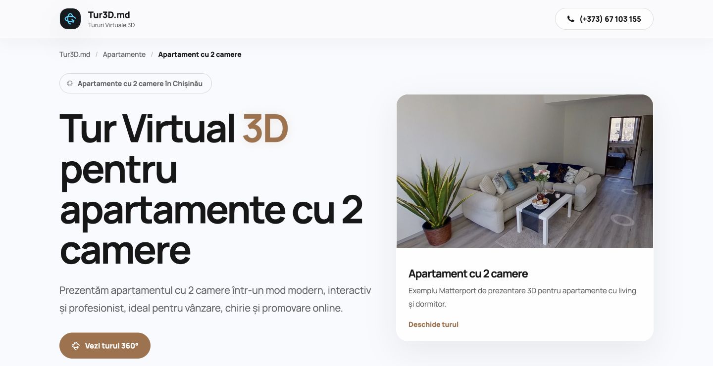 Dedicated Romanian Tur3D page for a two-room apartment in Chișinău with breadcrumb, title, example and tour action