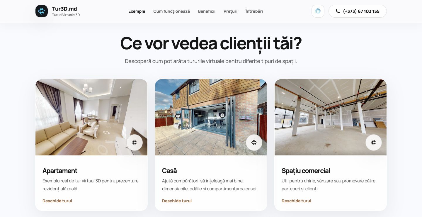 Tur3D example tours for an apartment, house and commercial space