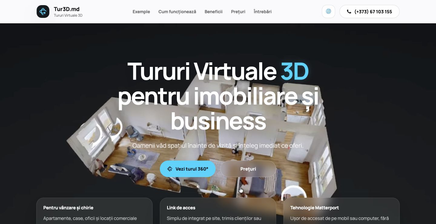 Tur3D Romanian homepage with a Matterport model, a tour link and pricing link