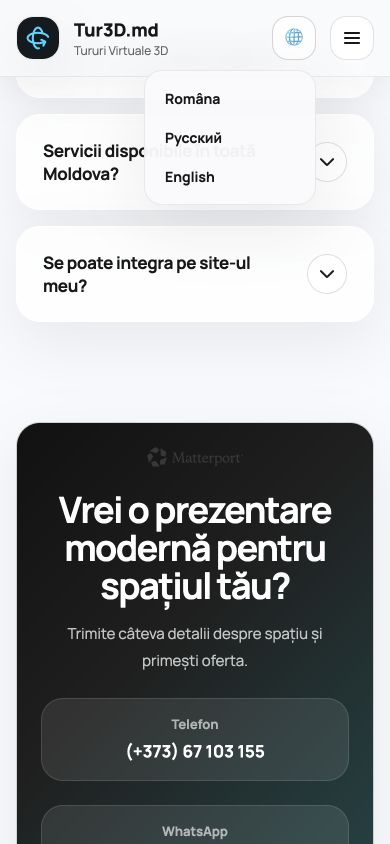 Tur3D mobile language menu offering Romanian, Russian and English