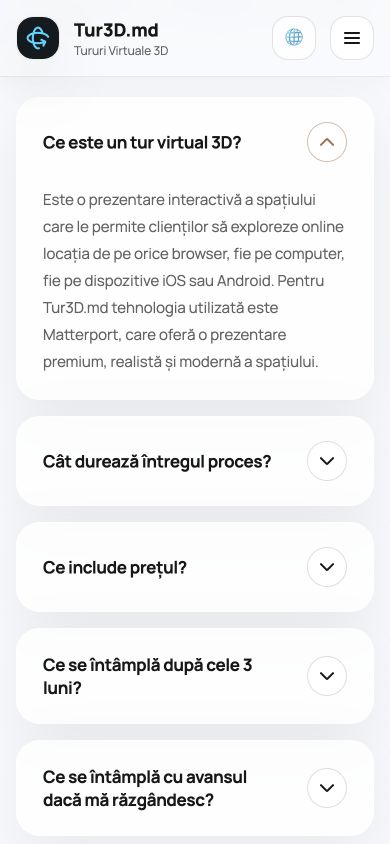 Tur3D mobile FAQ with questions about timing, price and hosting