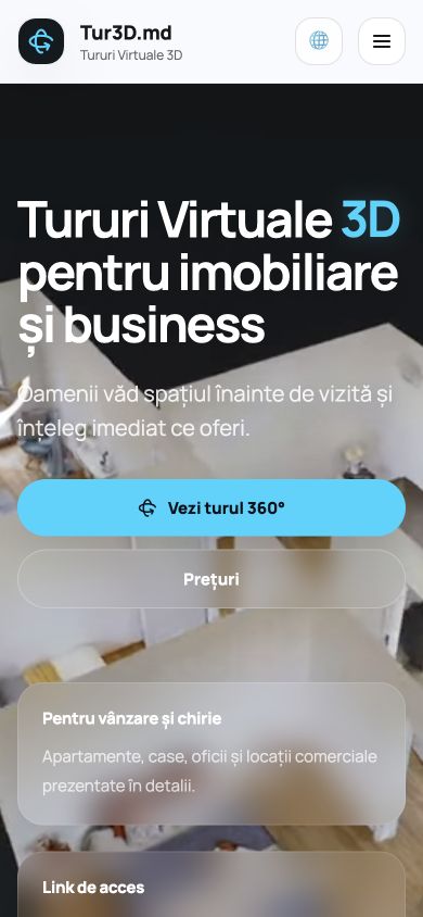 Tur3D mobile hero with the Matterport model and two prominent actions
